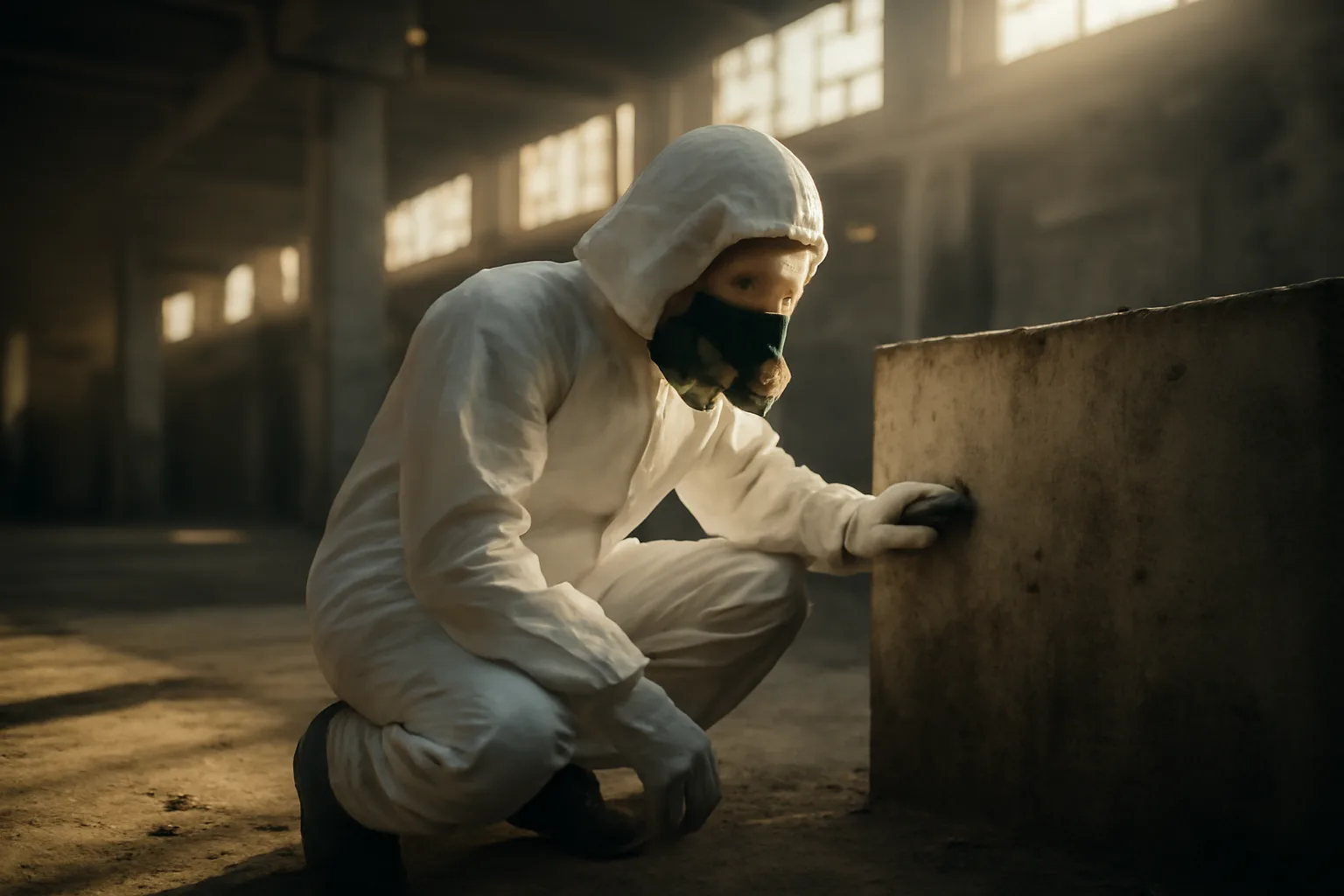 Asbestos inspector in coveralls examining a wall surface inside an industrial building