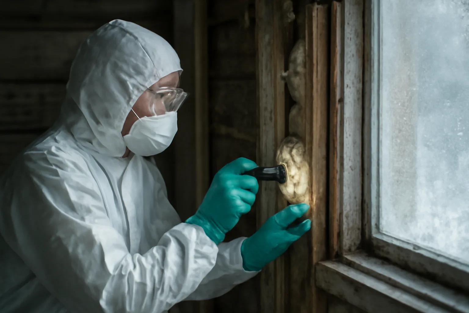 Asbestos inspector in protective gear examining old building wall in Alaska winter light