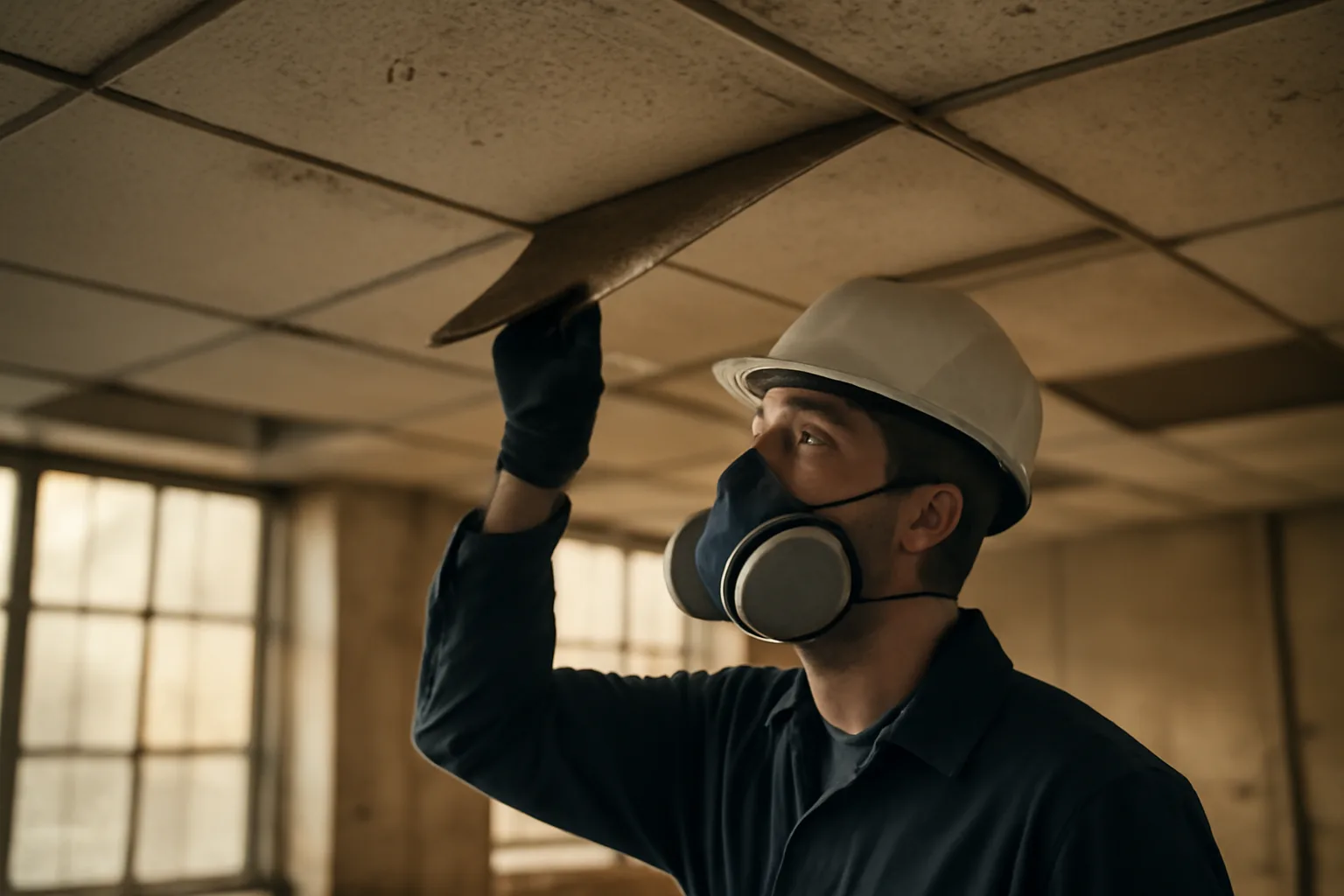Asbestos inspector examining ceiling tiles in an older Arizona commercial building