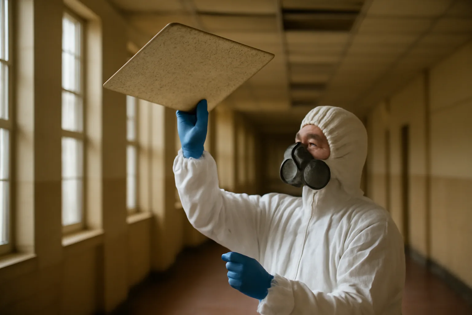 Asbestos inspector in coveralls examining ceiling tiles in an old Arkansas school hallway