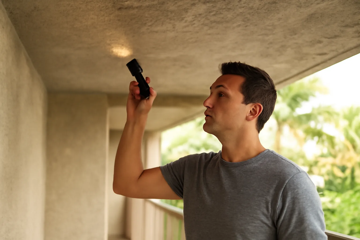 Surveyor checking a Honolulu ceiling during asbestos inspector work