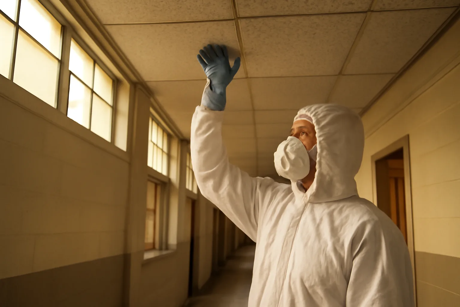 Asbestos inspector in coveralls examining ceiling material inside an Alabama school building
