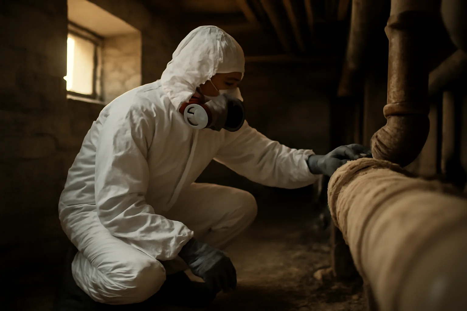 Asbestos inspector in protective gear examining pipe insulation in Alabama building basement