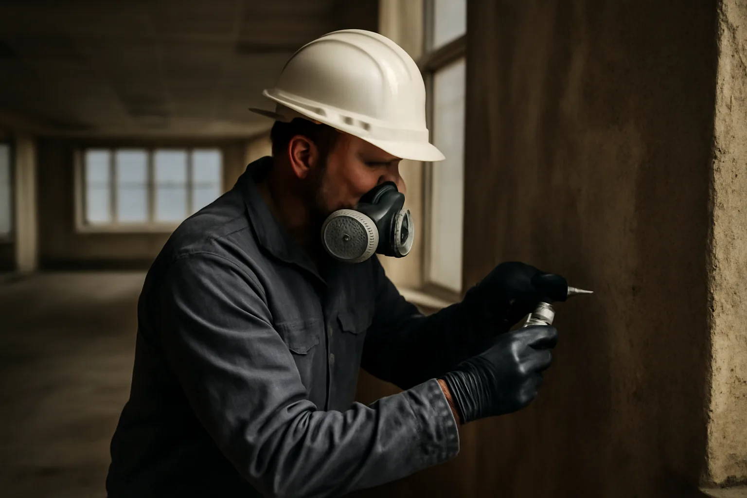 Asbestos inspector collecting a bulk sample inside an older Alaska commercial building