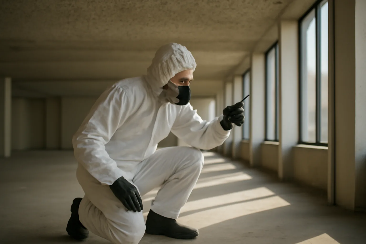 Asbestos inspector in protective suit sampling ceiling material during Arizona building inspection