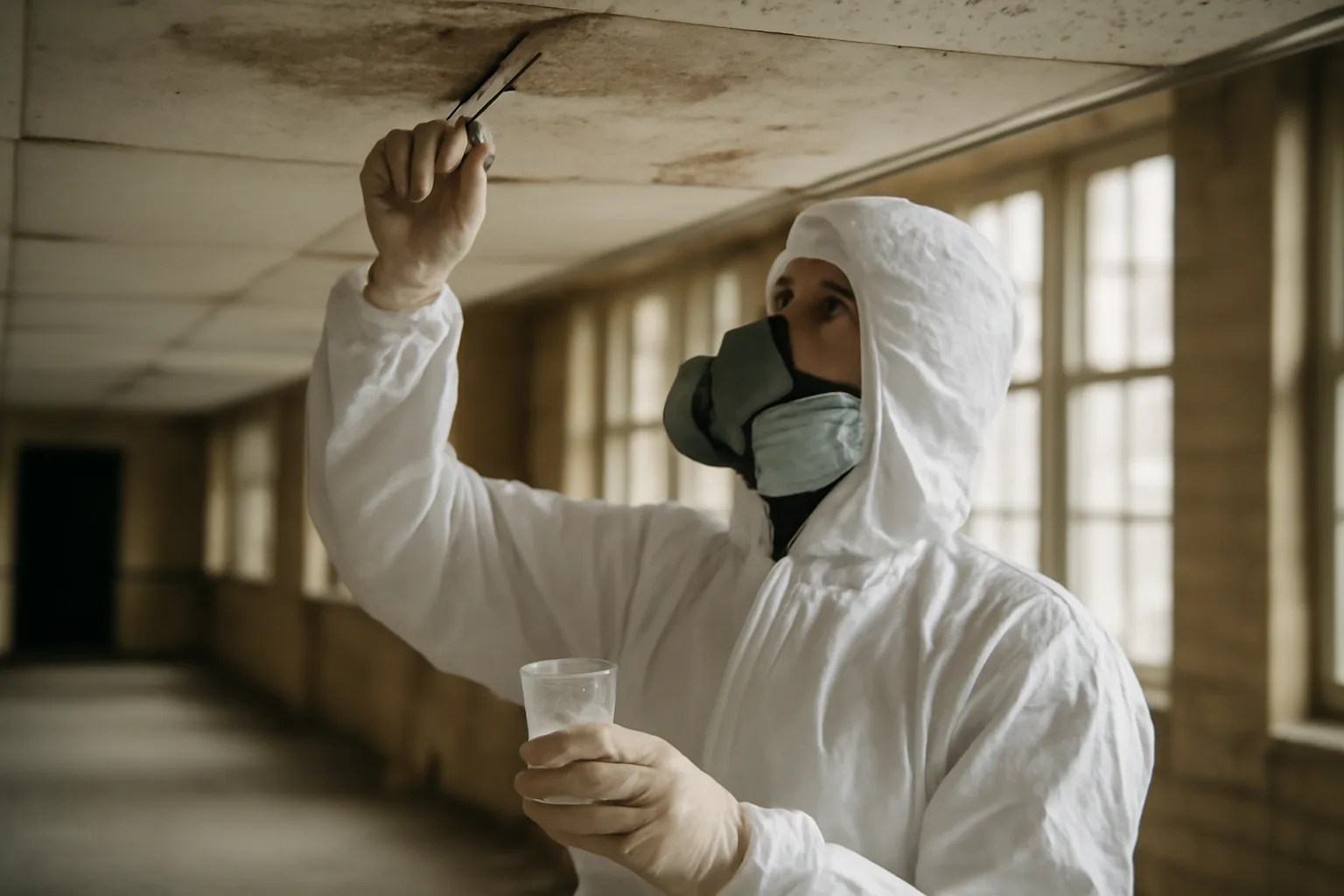 Asbestos inspector in protective suit sampling a ceiling tile in an Arkansas school building