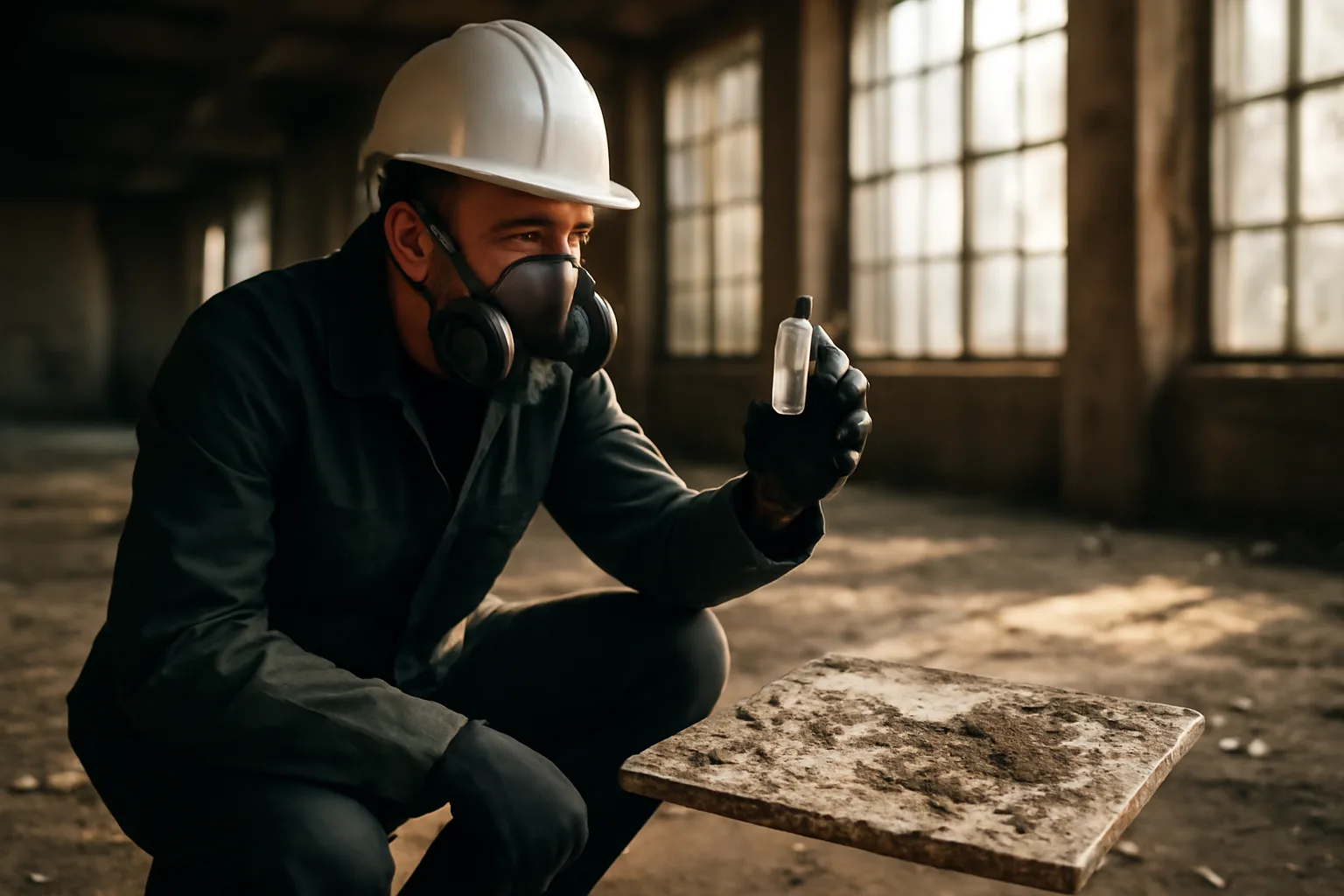 Asbestos inspector collecting bulk sample from ceiling tile in empty California building