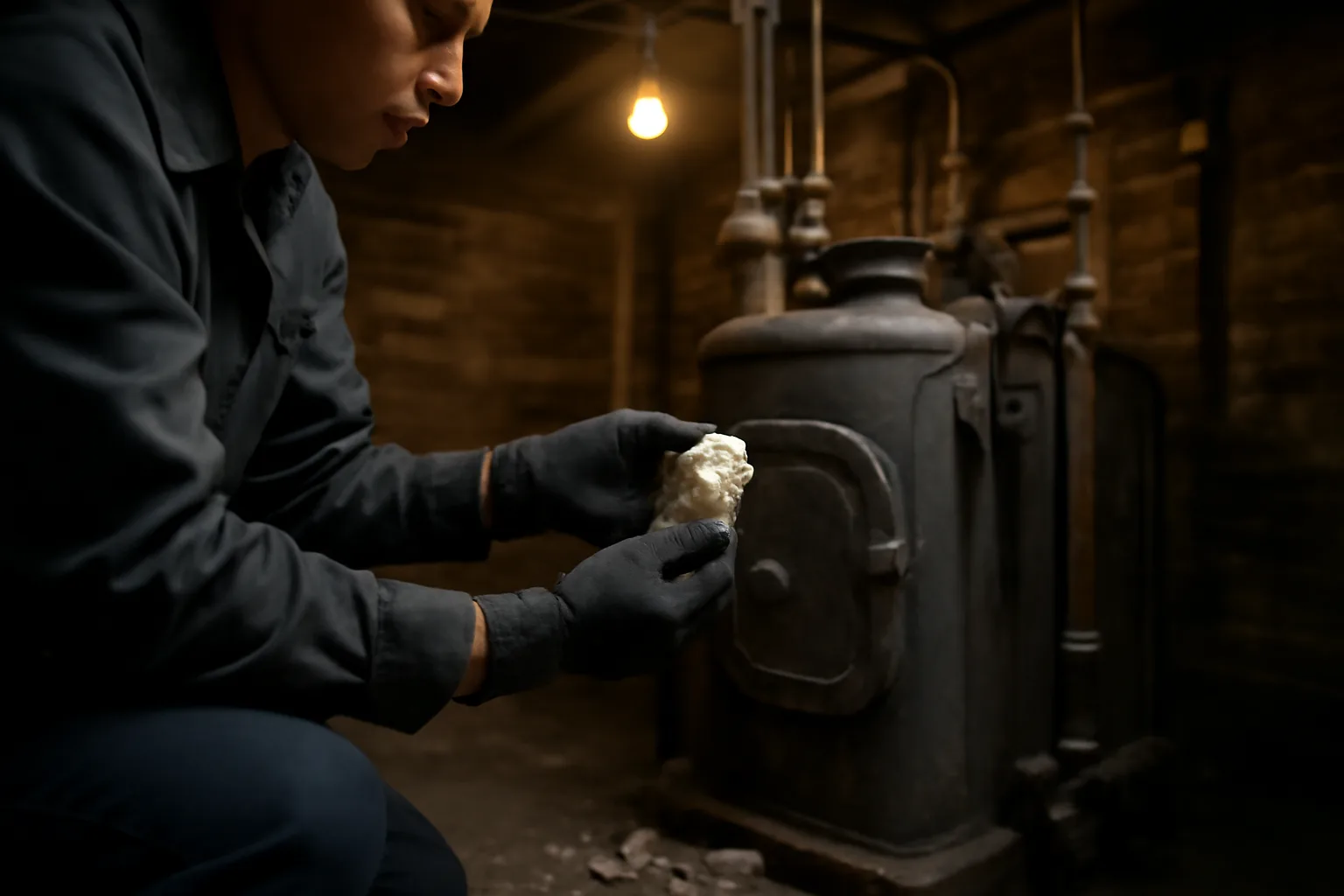 Person sampling pipe insulation in a Hartford basement boiler room