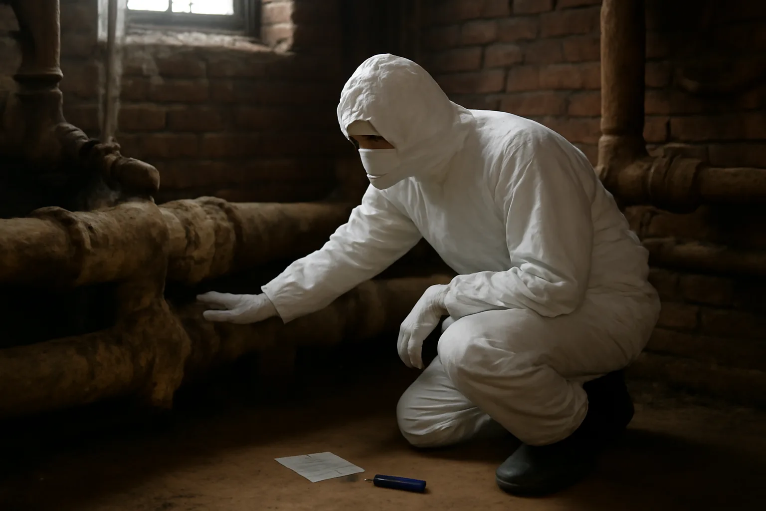 Person sampling pipe insulation in a dim Delaware boiler room