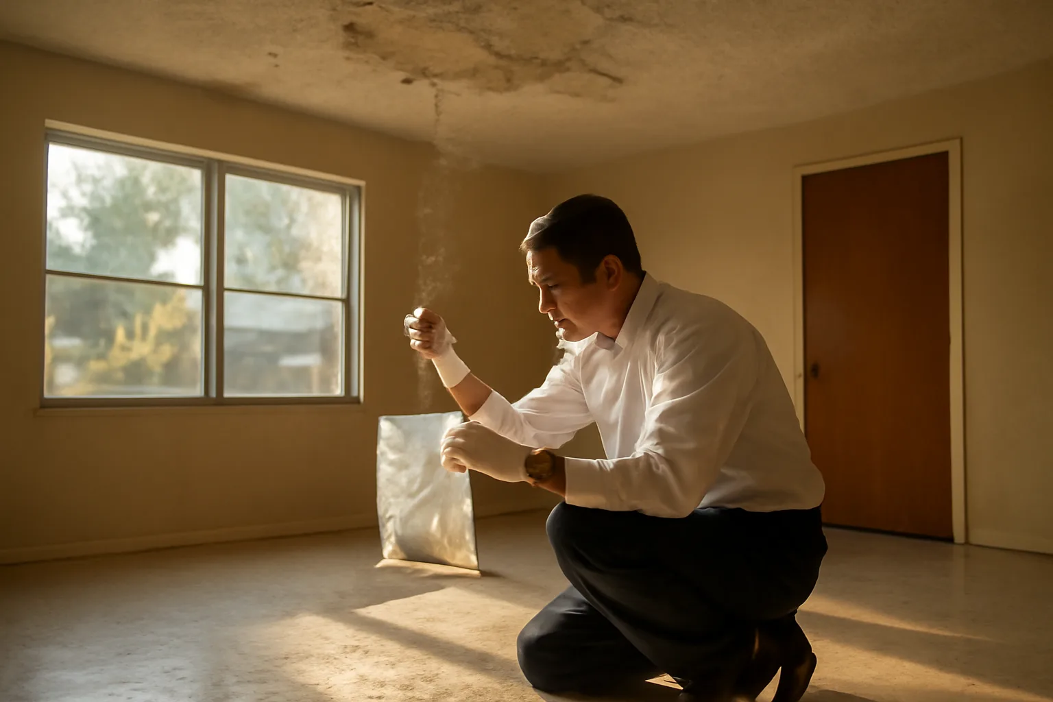 Inspector collecting an asbestos bulk sample in a vacant Florida house
