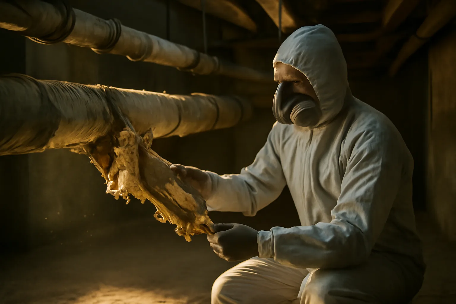 Person inspects pipe insulation in a Georgia school basement