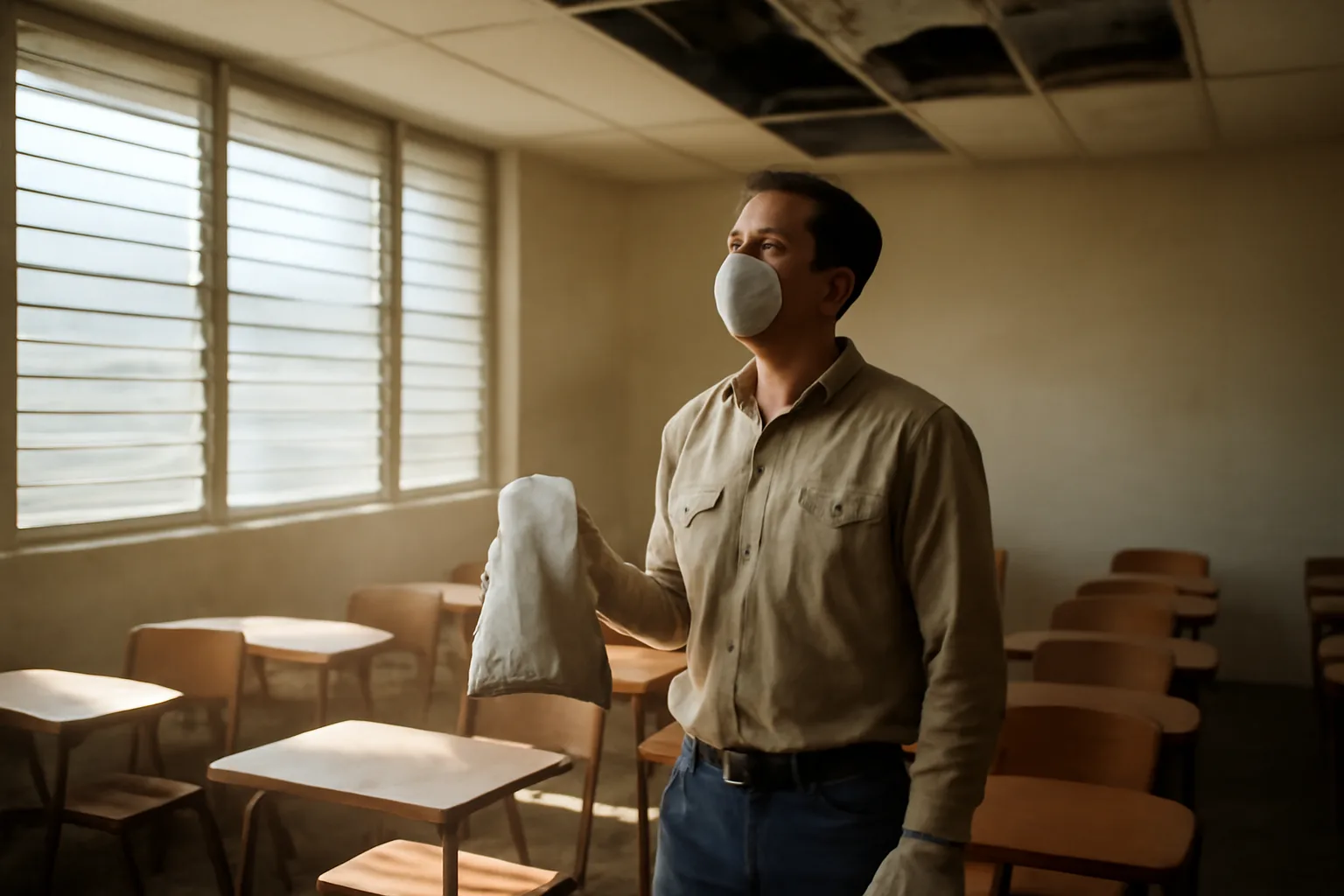 Inspector collecting a bulk asbestos sample in a Honolulu classroom