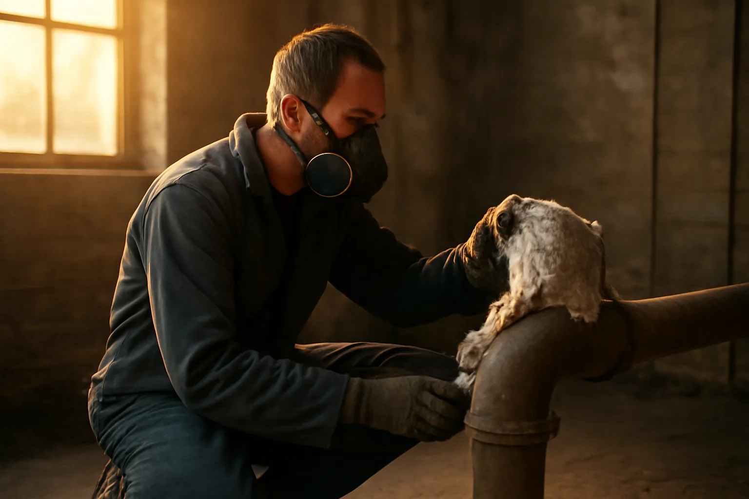 Inspector sampling pipe insulation in an old Idaho boiler room