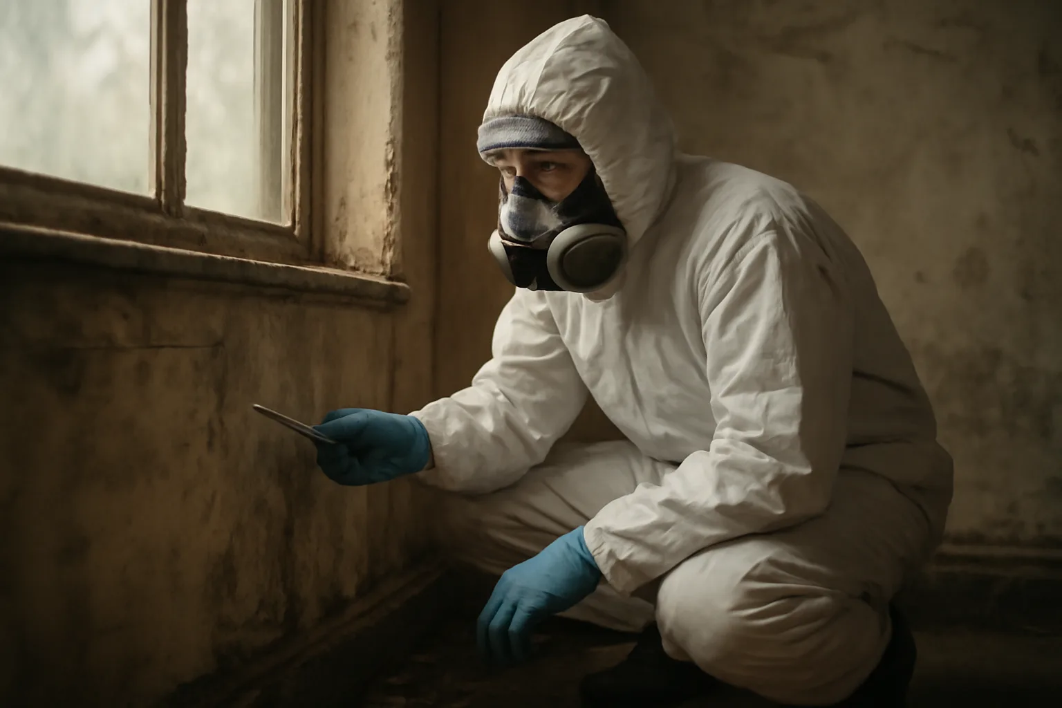 Asbestos inspector collecting wall samples inside an older Alaska building