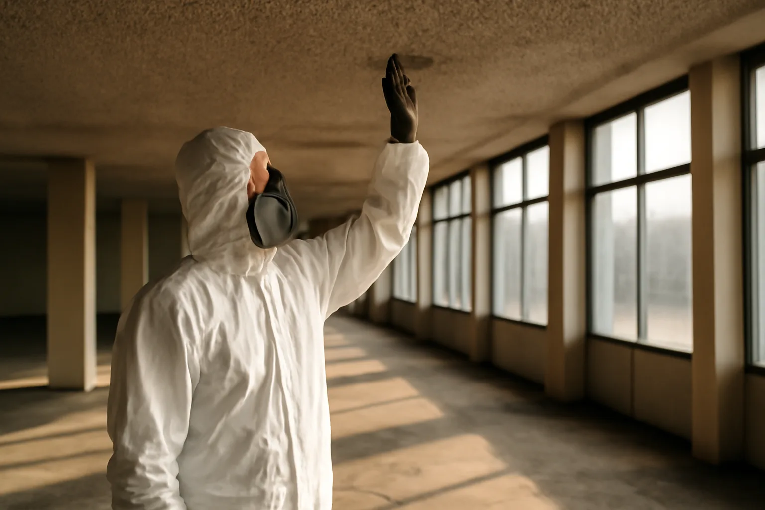 Asbestos inspector in protective suit examining ceiling in Arizona commercial building