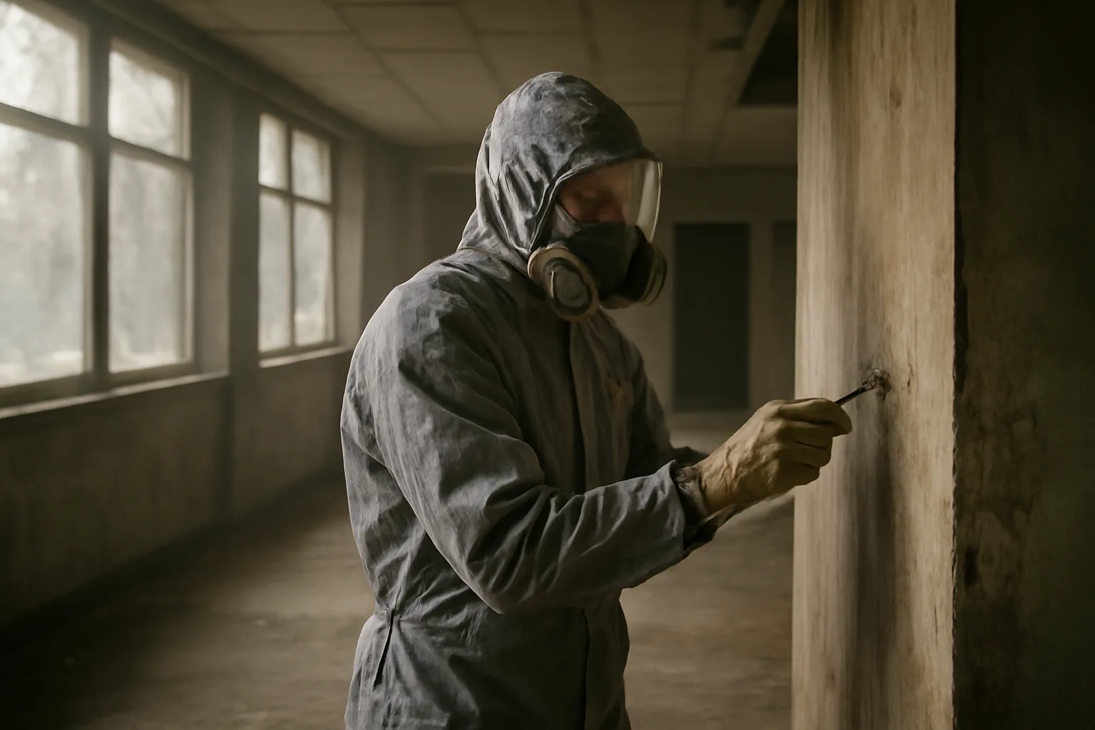 Asbestos inspector in coverall collecting bulk wall sample inside an older Arkansas building