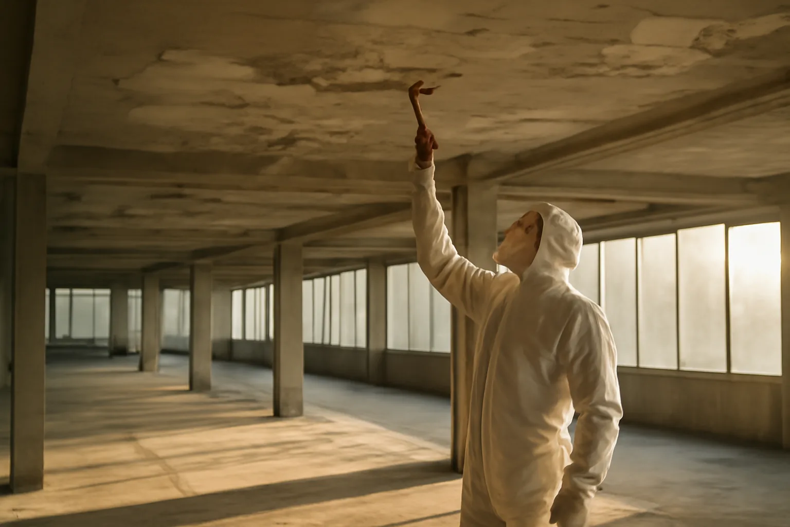 Asbestos inspector in coveralls examining ceiling in older California commercial building