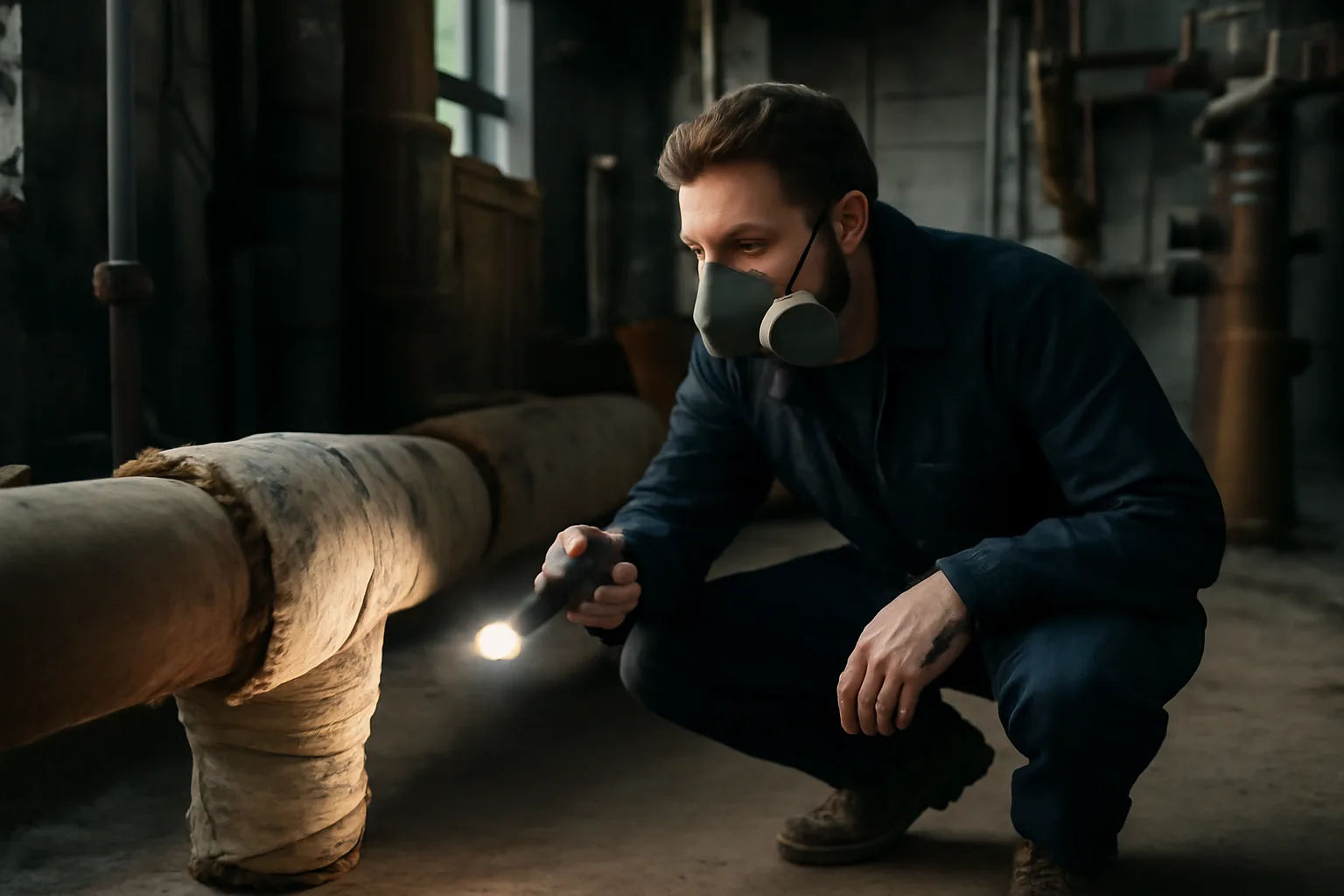 Asbestos inspector checks pipe insulation in a Denver boiler room
