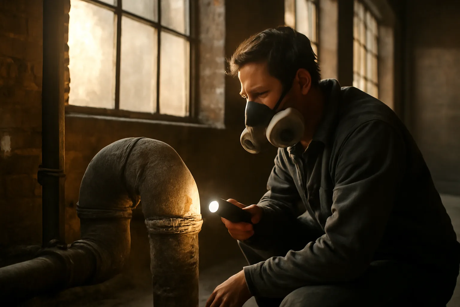 Asbestos inspector checking old pipe wrap in a Connecticut mill
