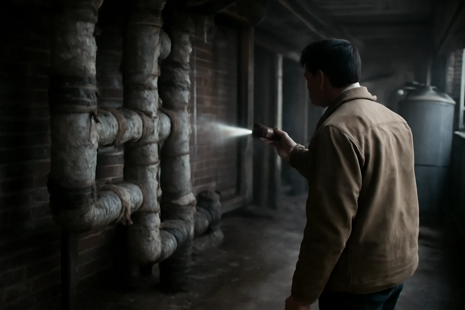 Flashlight on cloth-wrapped pipes during a Delaware asbestos inspection