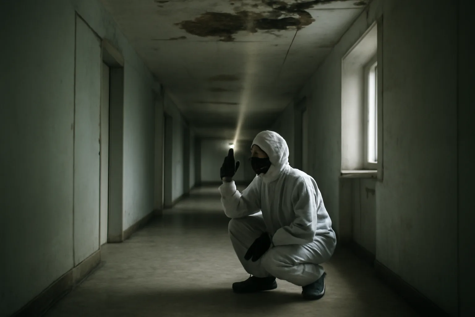 Asbestos inspector checks damaged plaster ceiling in a vacant Florida clinic