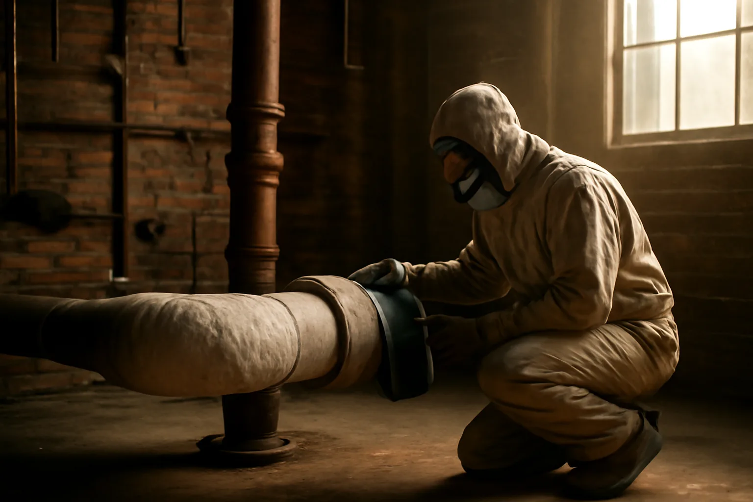 Inspector sampling pipe insulation in a Georgia school boiler room
