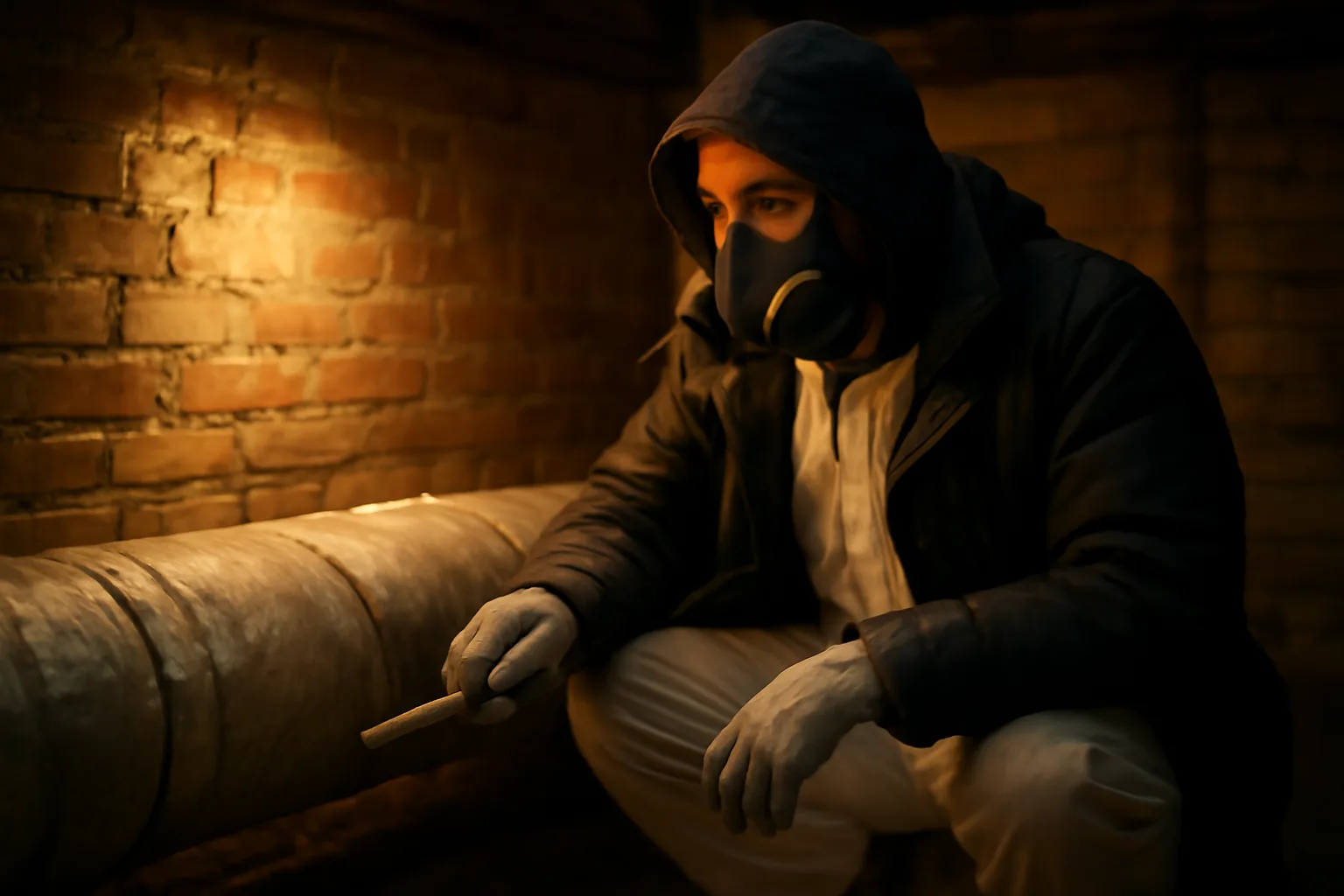 Inspector sampling wrapped pipe insulation in a Denver warehouse basement