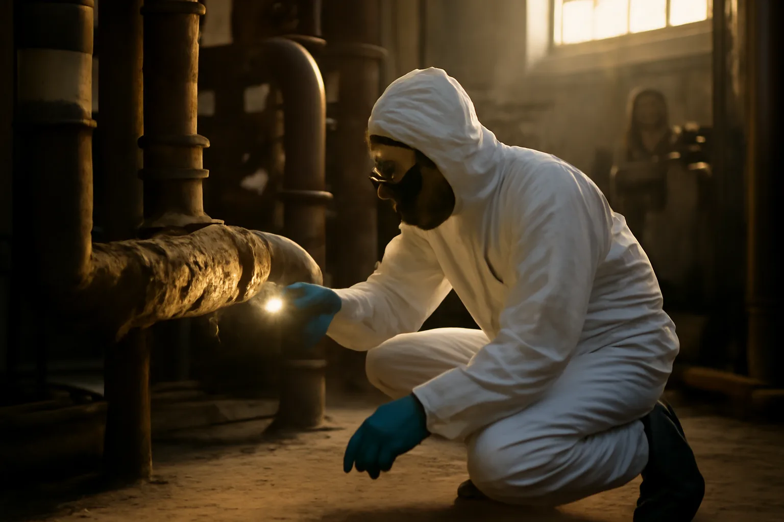Asbestos inspector examining pipe insulation in a mechanical room in Alabama