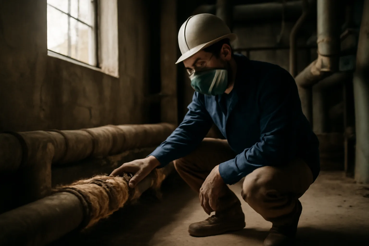 Asbestos inspector examining pipe insulation in a building mechanical room in Alaska