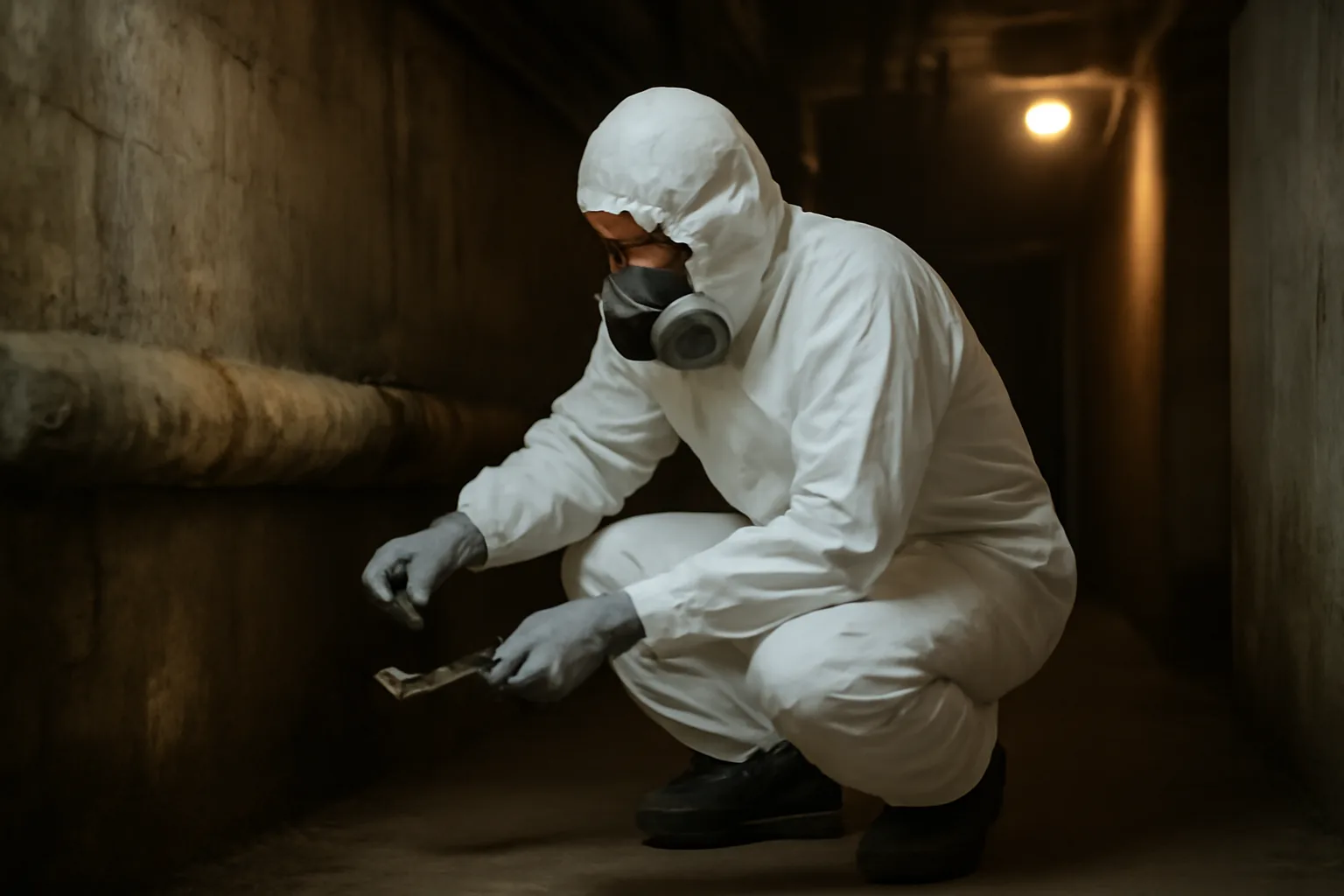 Asbestos inspector in Tyvek suit sampling pipe insulation in a basement corridor