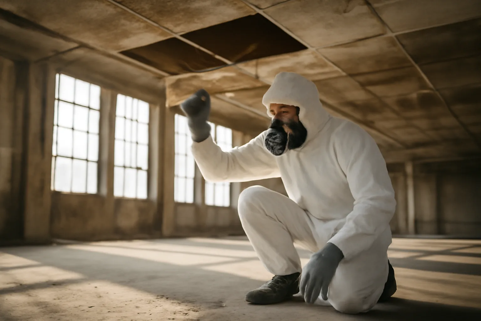 Asbestos inspector in protective gear examining ceiling tiles inside an Arkansas building
