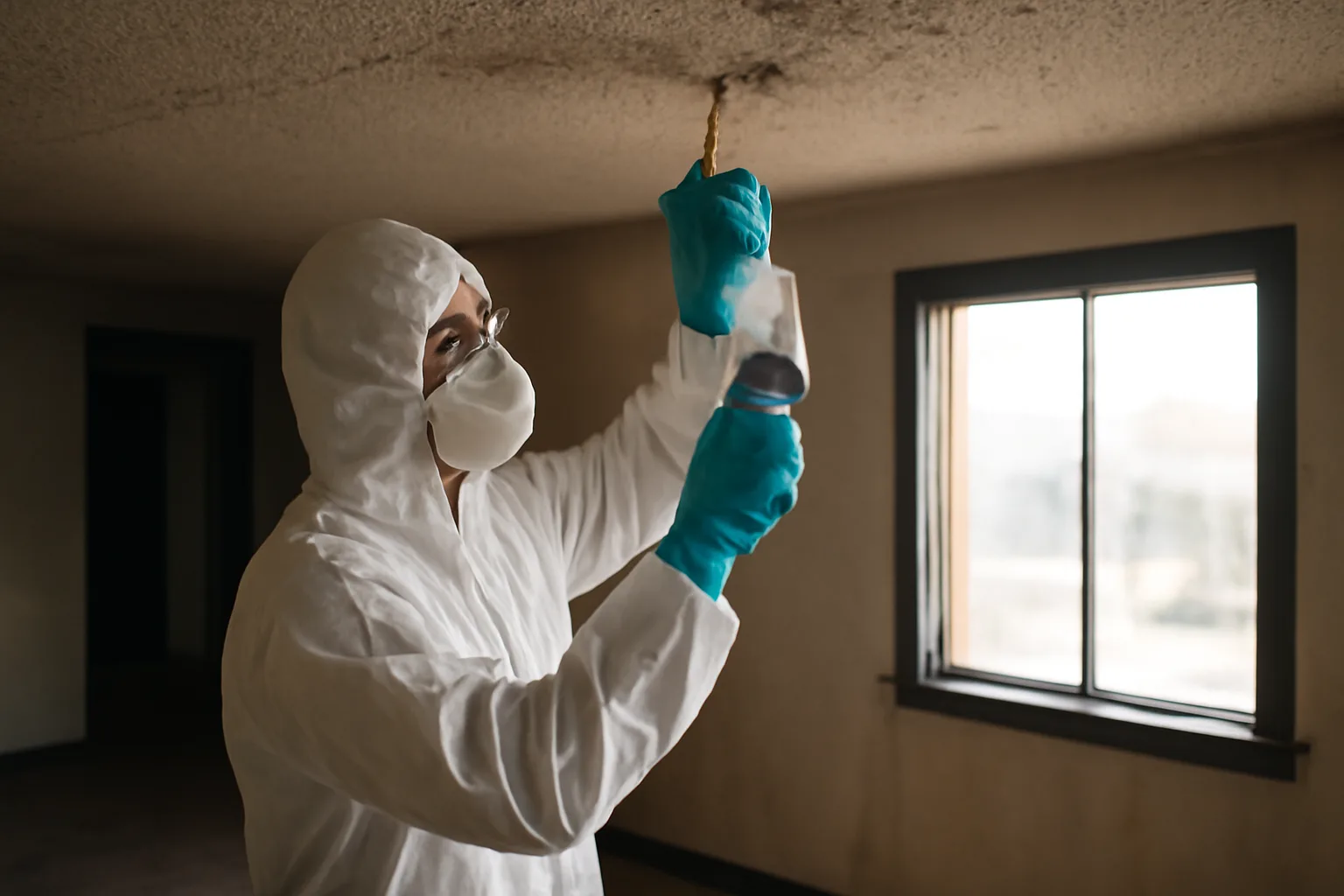 Certified asbestos inspector collecting bulk ceiling sample in an older California building