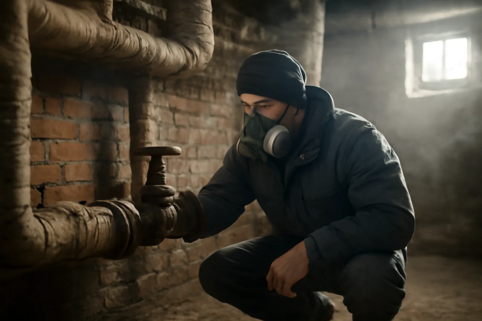 Inspector checking old pipe insulation in a Connecticut mill basement