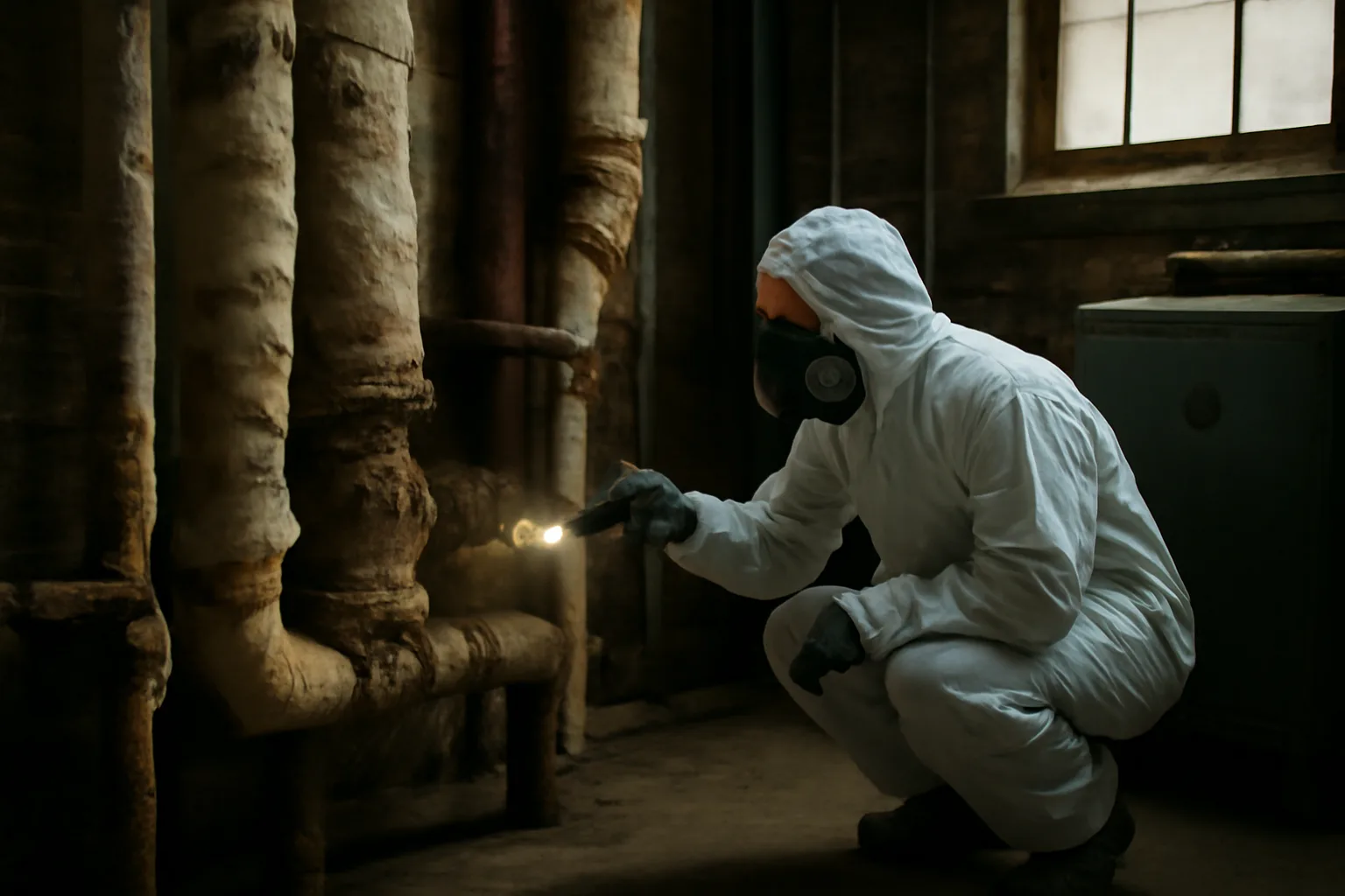 Coveralled inspector studies pipe insulation in a Wilmington school basement