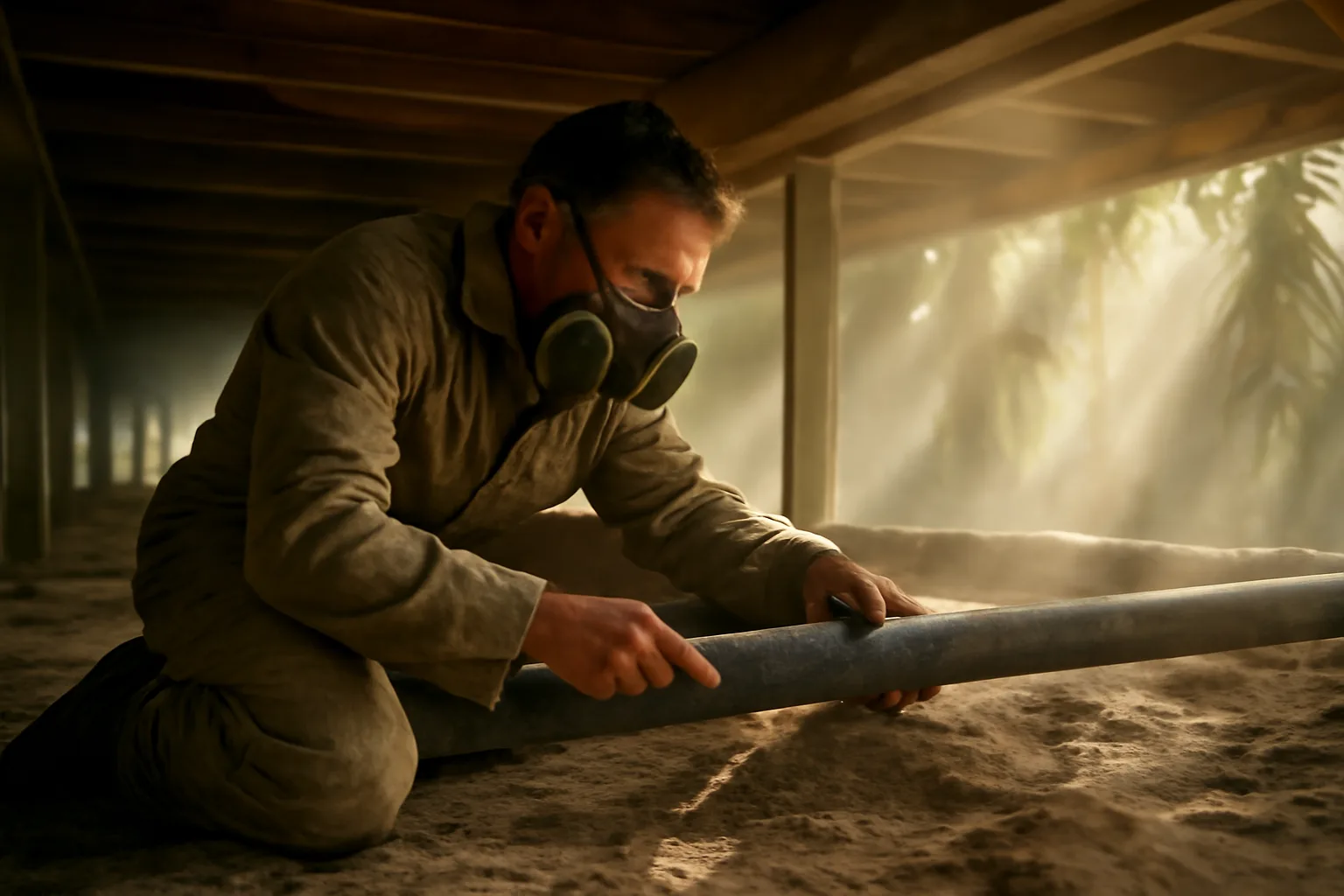 Asbestos inspector sampling pipe wrap under a Florida bungalow