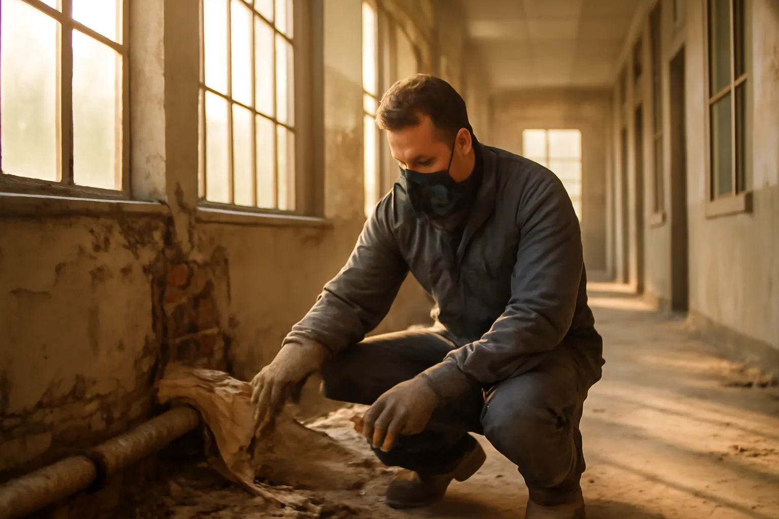 Georgia asbestos inspector sampling pipe wrap in an empty school