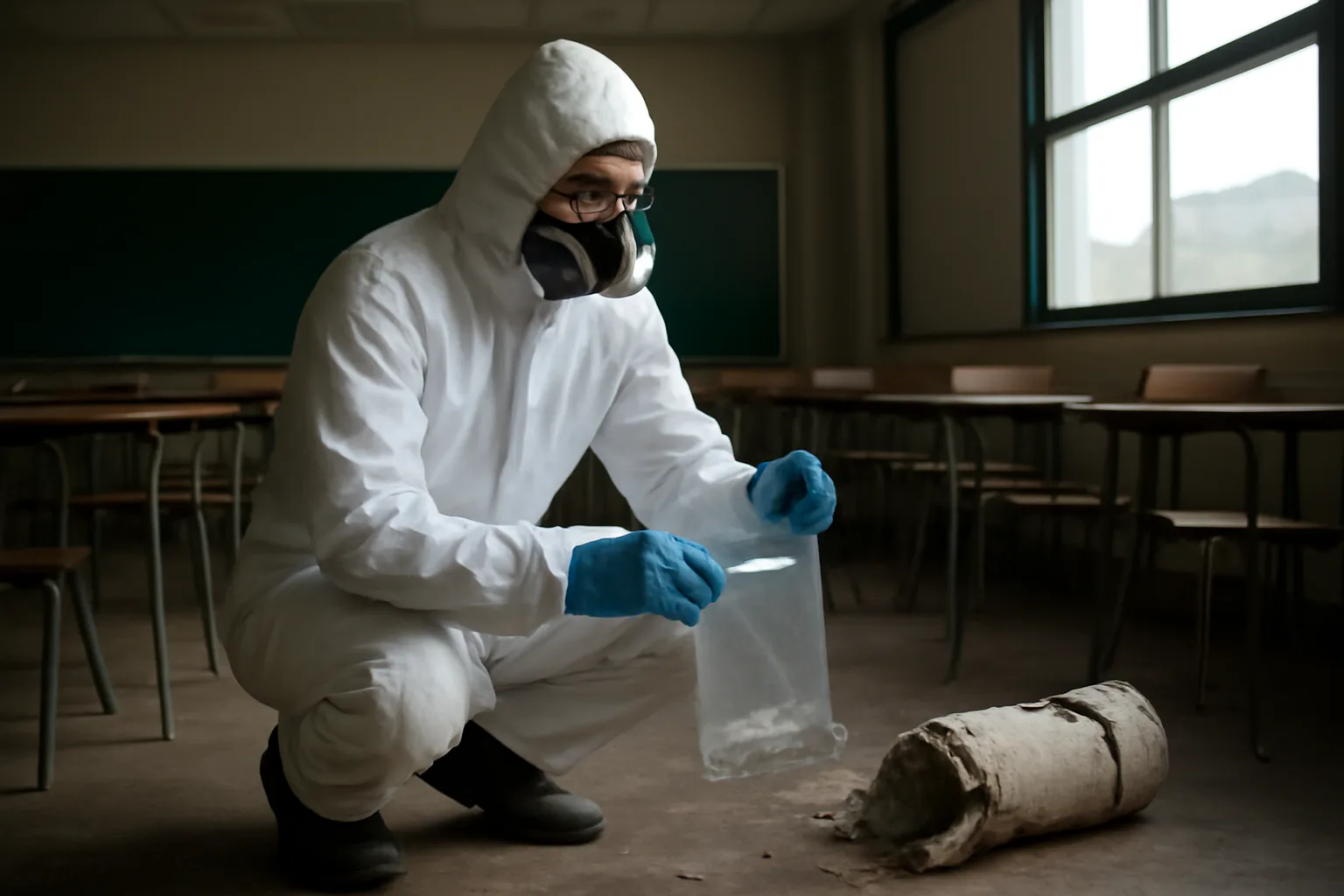 Hawaii asbestos inspector sampling pipe insulation in a vacant classroom