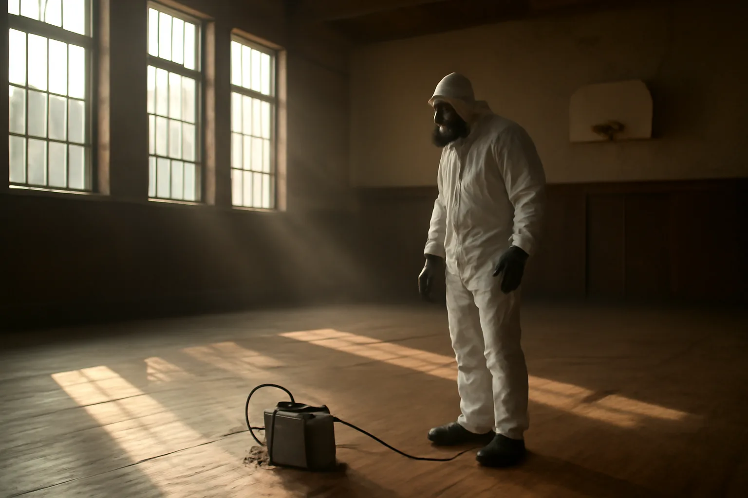 Inspector sampling a vacant Idaho school gym at sunrise