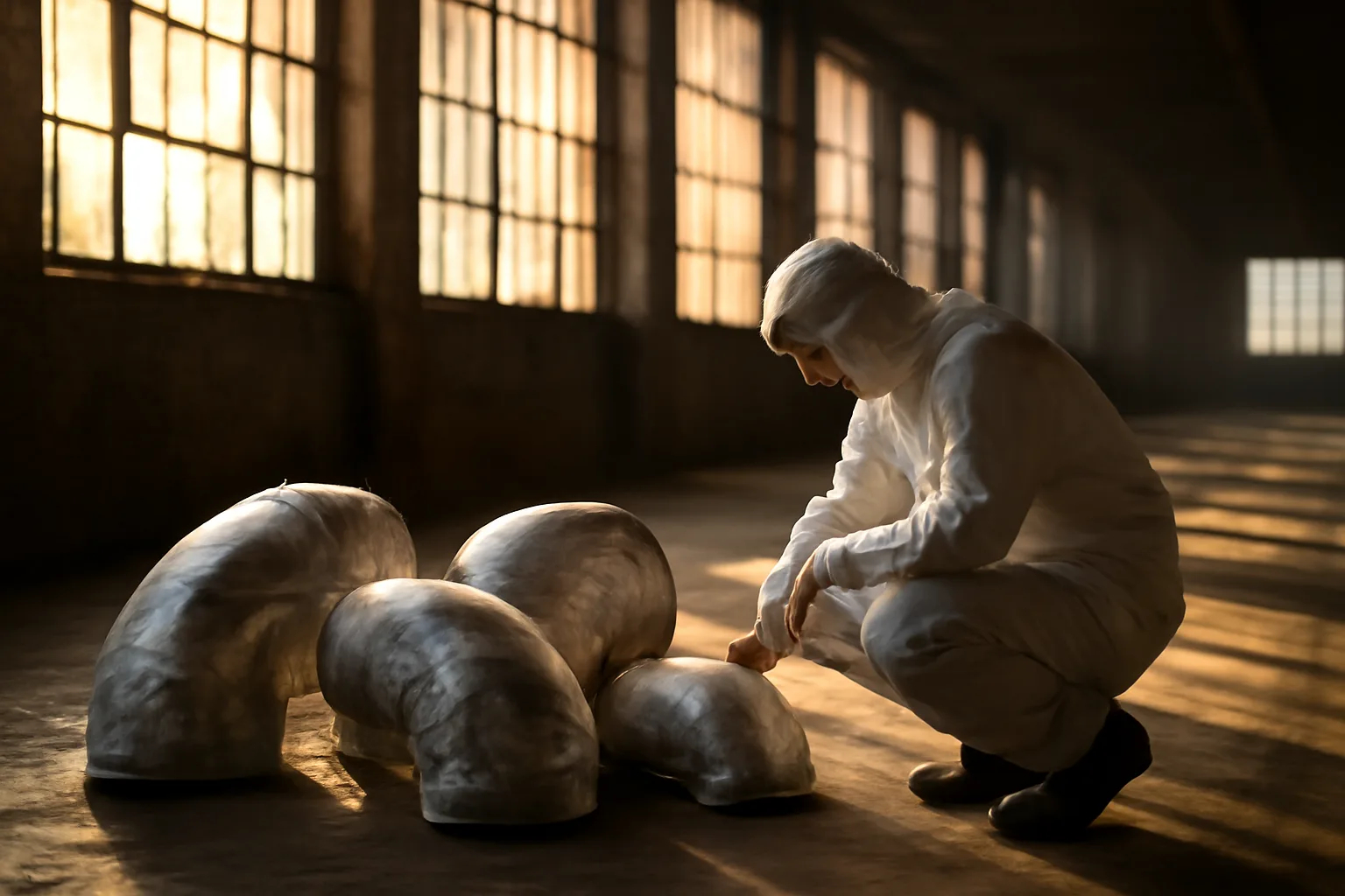 Asbestos inspector kneels by wrapped pipes in a California warehouse