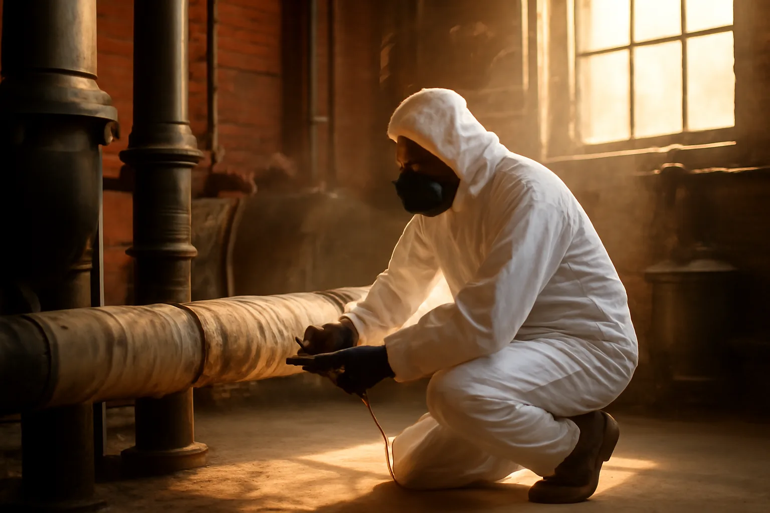 Colorado asbestos inspector sampling pipe insulation in a school boiler room