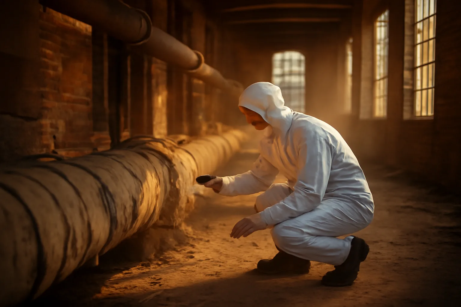 Asbestos inspector checking wrapped pipe insulation in a Connecticut mill