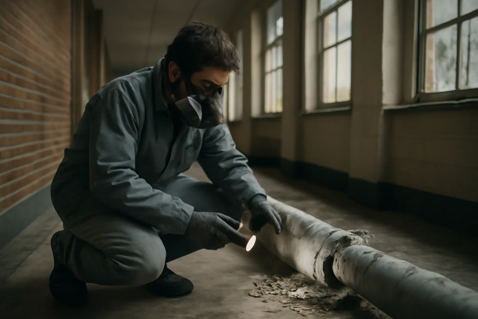 Asbestos inspector checking pipe wrap in a Delaware school hall