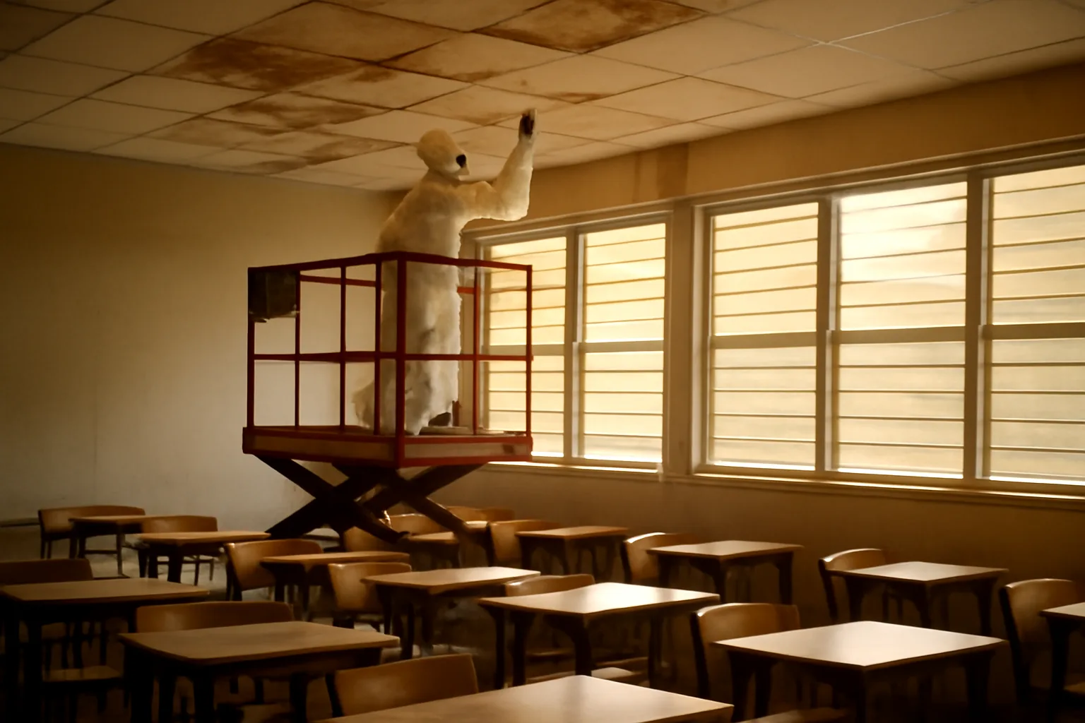Asbestos inspector checks a stained ceiling in a Florida classroom