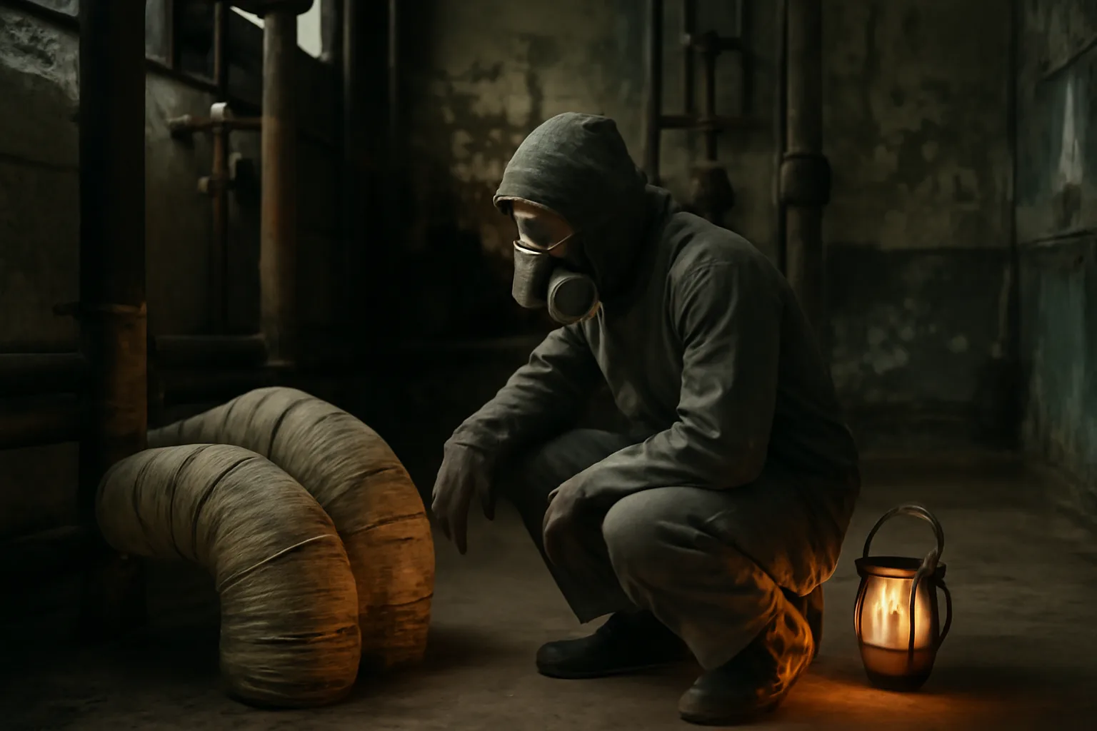 Inspector checking wrapped pipes in a Georgia school boiler room