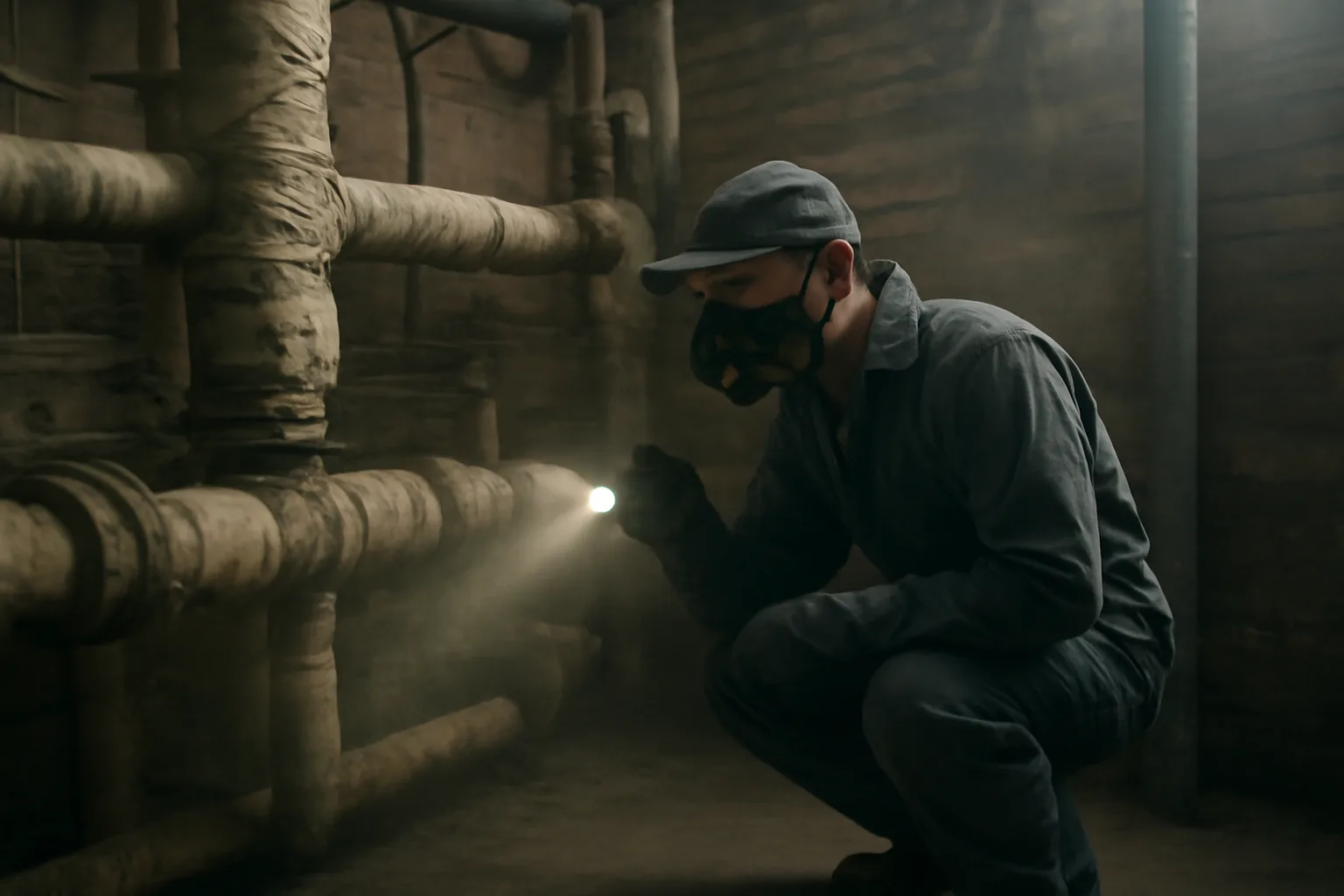 Asbestos inspector checks wrapped pipes in an empty Idaho boiler room
