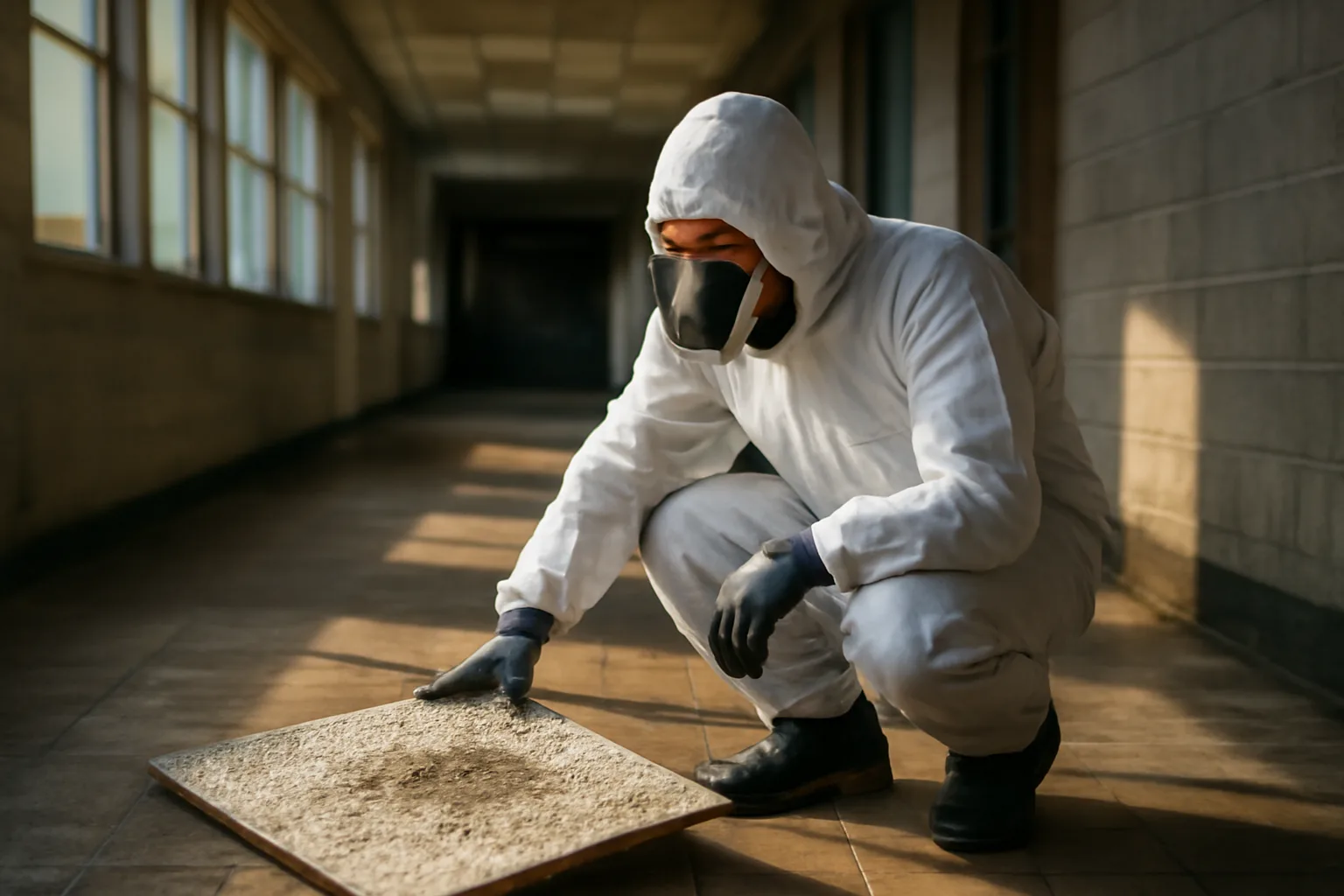 Asbestos inspector in protective gear examining ceiling tiles inside an Alabama school building