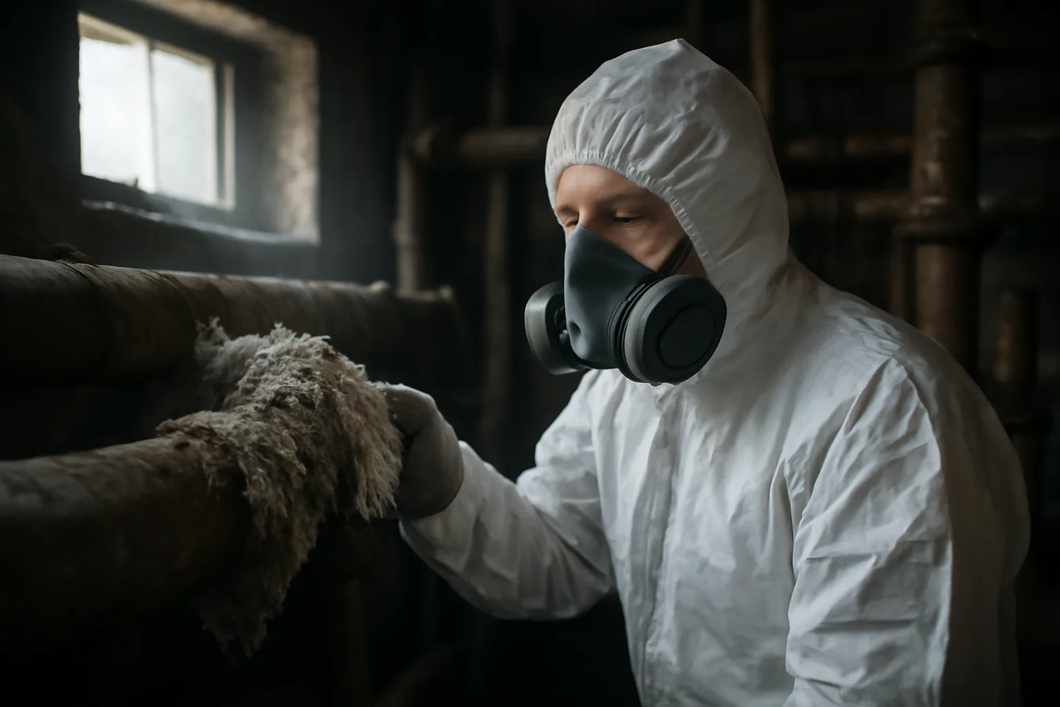 Asbestos inspector in coveralls examining pipe insulation in Alaska building mechanical room
