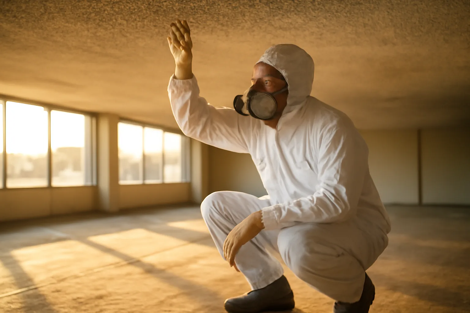 Asbestos inspector in protective gear examining a ceiling inside an Arizona commercial building