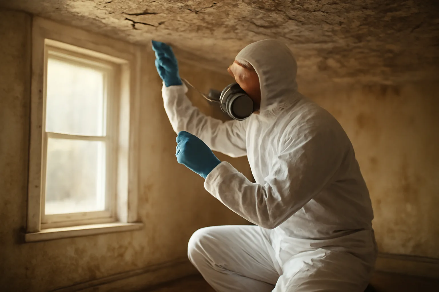 Licensed asbestos inspector in protective suit collecting a bulk sample inside an Arkansas building