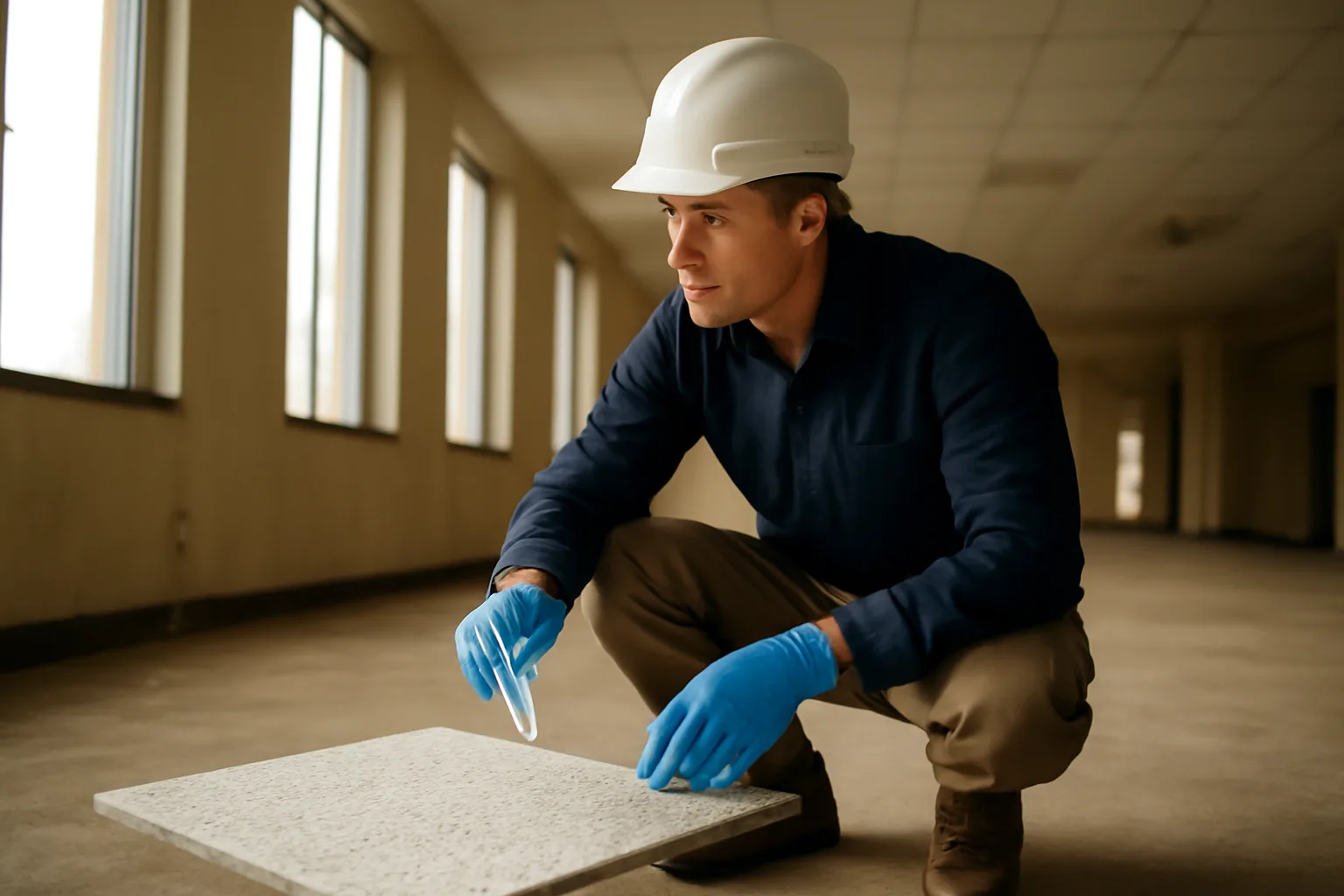 Asbestos inspector collecting a ceiling tile bulk sample in an older California building
